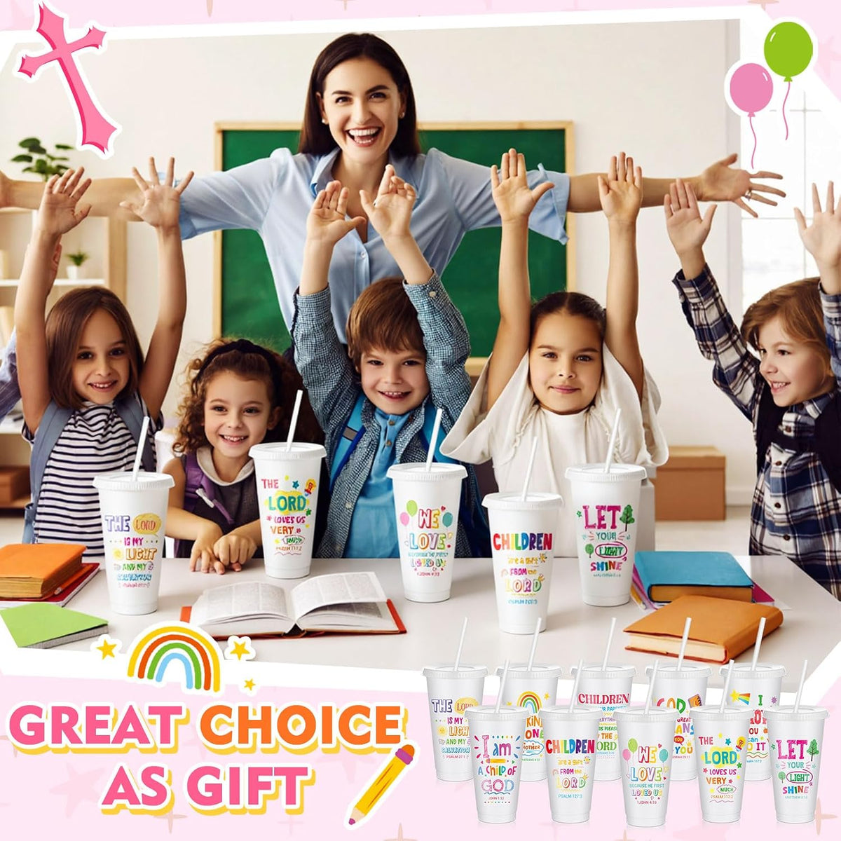 10 Christian Kids Cups with Lids Straws, Back to School, White