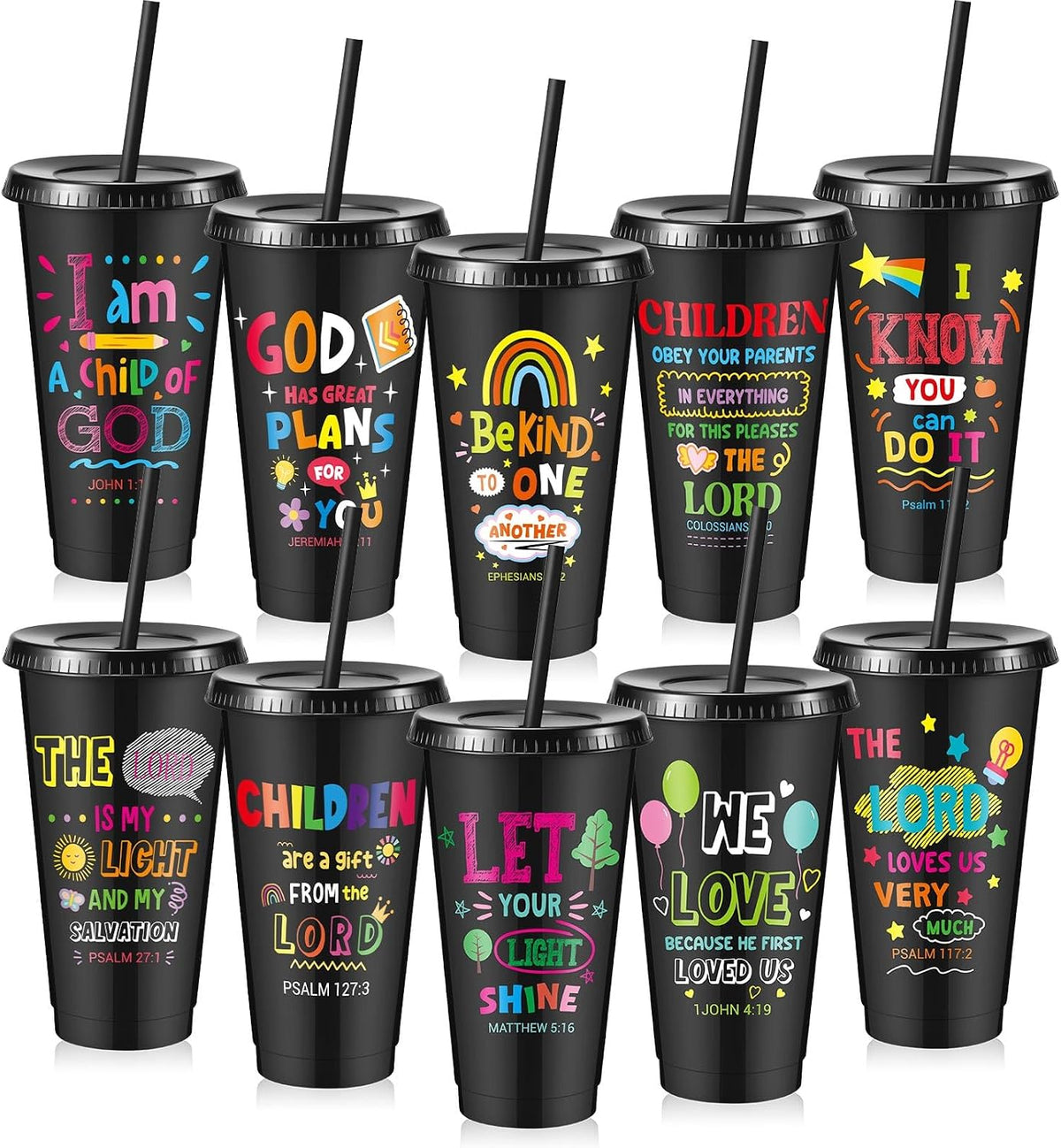 10 Christian Kids Cups with Lids Straws, Back to School, White