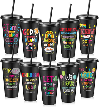 10 Christian Kids Cups with Lids Straws, Back to School, White