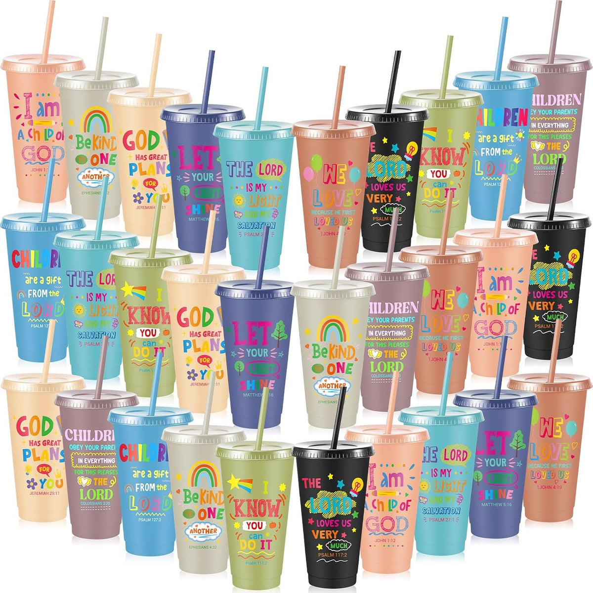 10 Christian Kids Cups with Lids Straws, Back to School, White