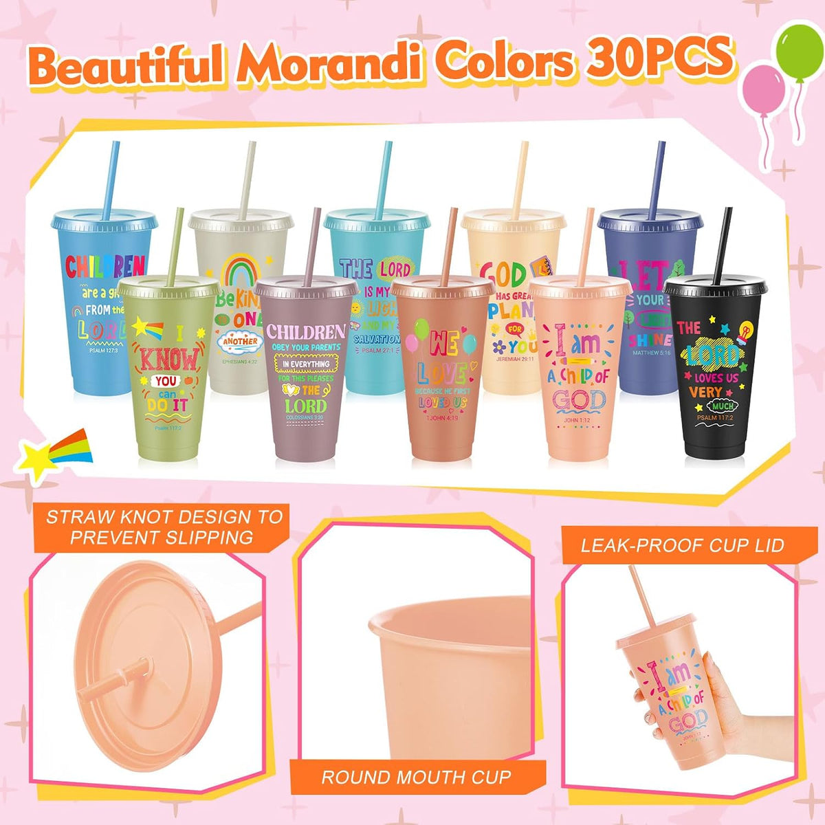 10 Christian Kids Cups with Lids Straws, Back to School, White