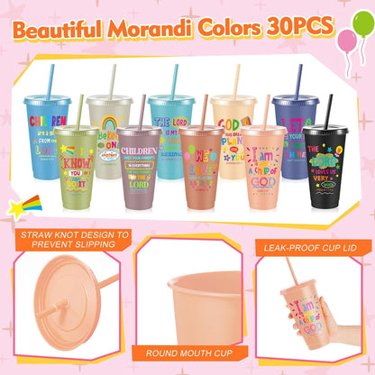 10 Christian Kids Cups with Lids Straws, Back to School, White