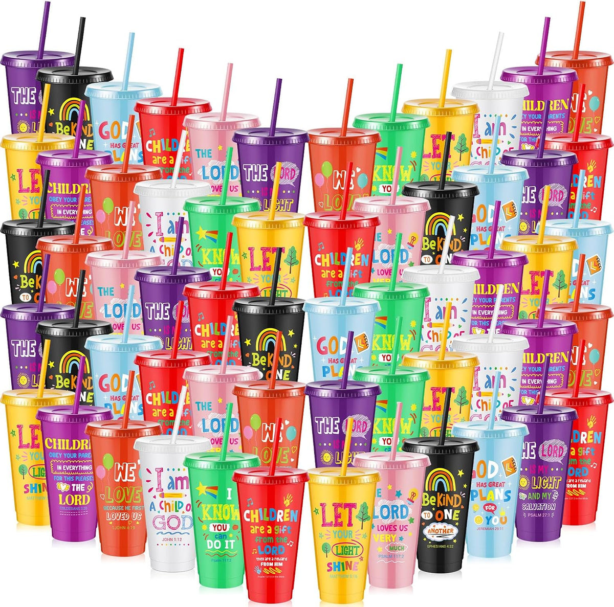 10 Christian Kids Cups with Lids Straws, Back to School, White