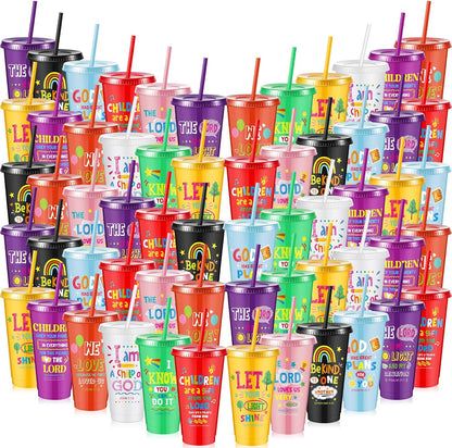 10 Christian Kids Cups with Lids Straws, Back to School, White