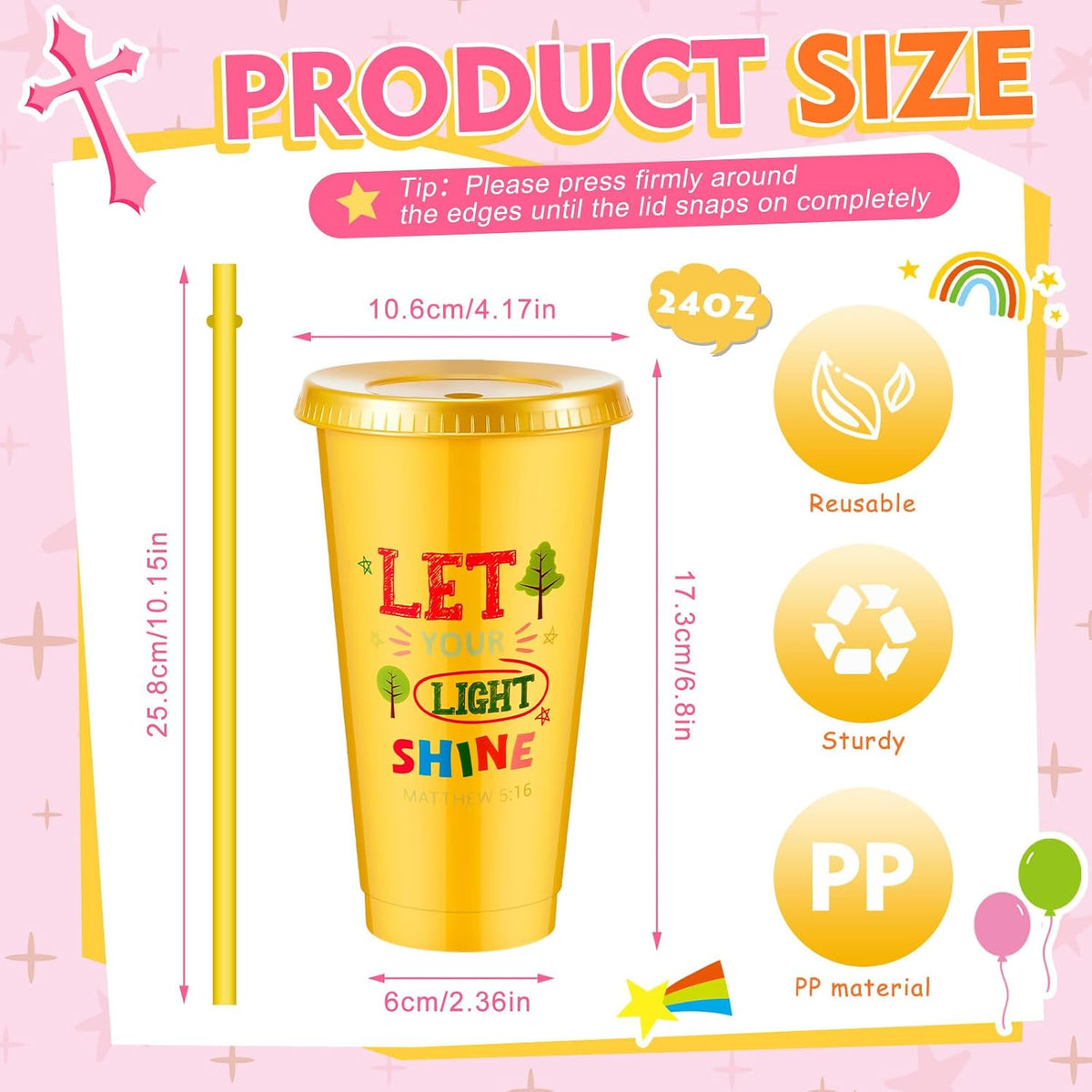 10 Christian Kids Cups with Lids Straws, Back to School, White