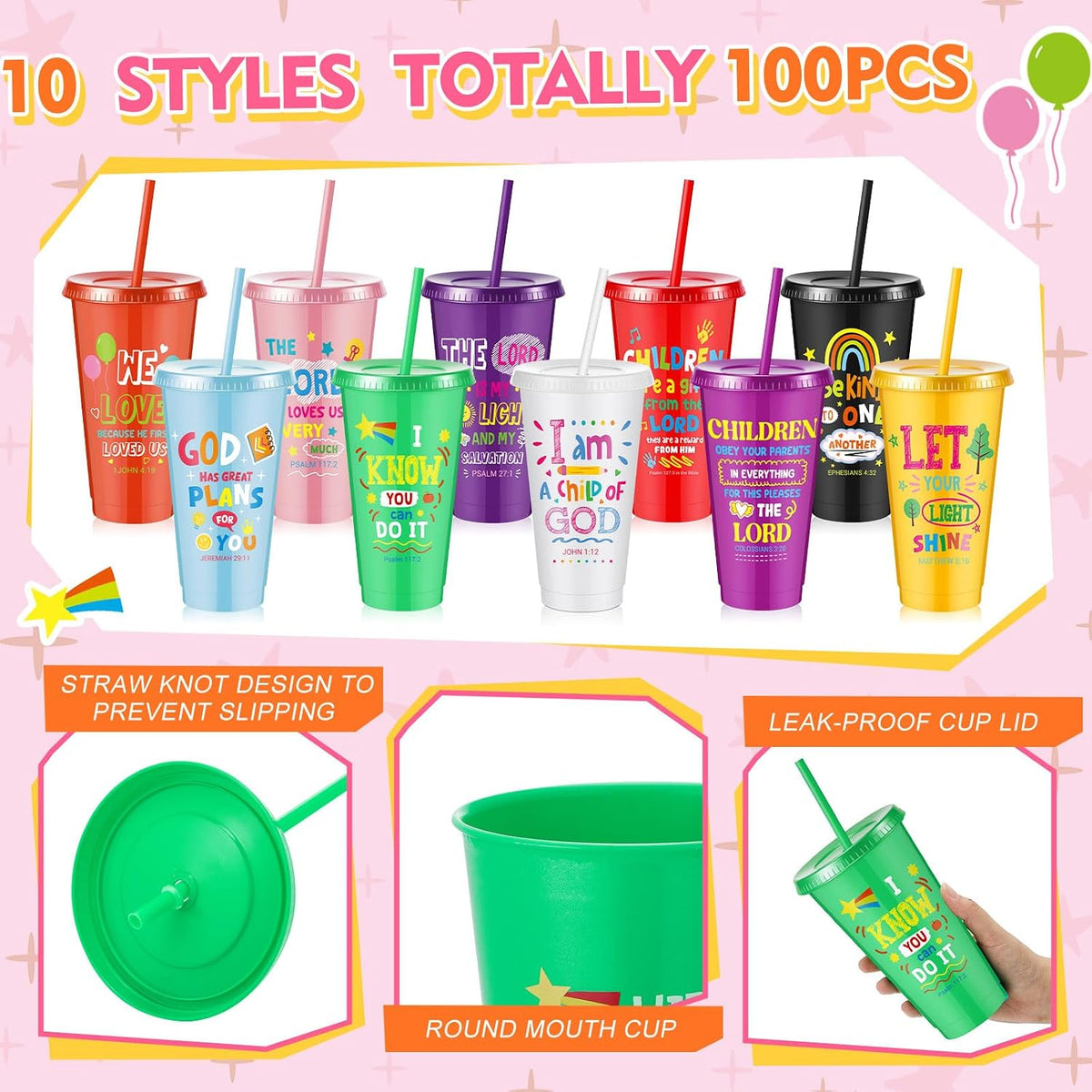 10 Christian Kids Cups with Lids Straws, Back to School, White
