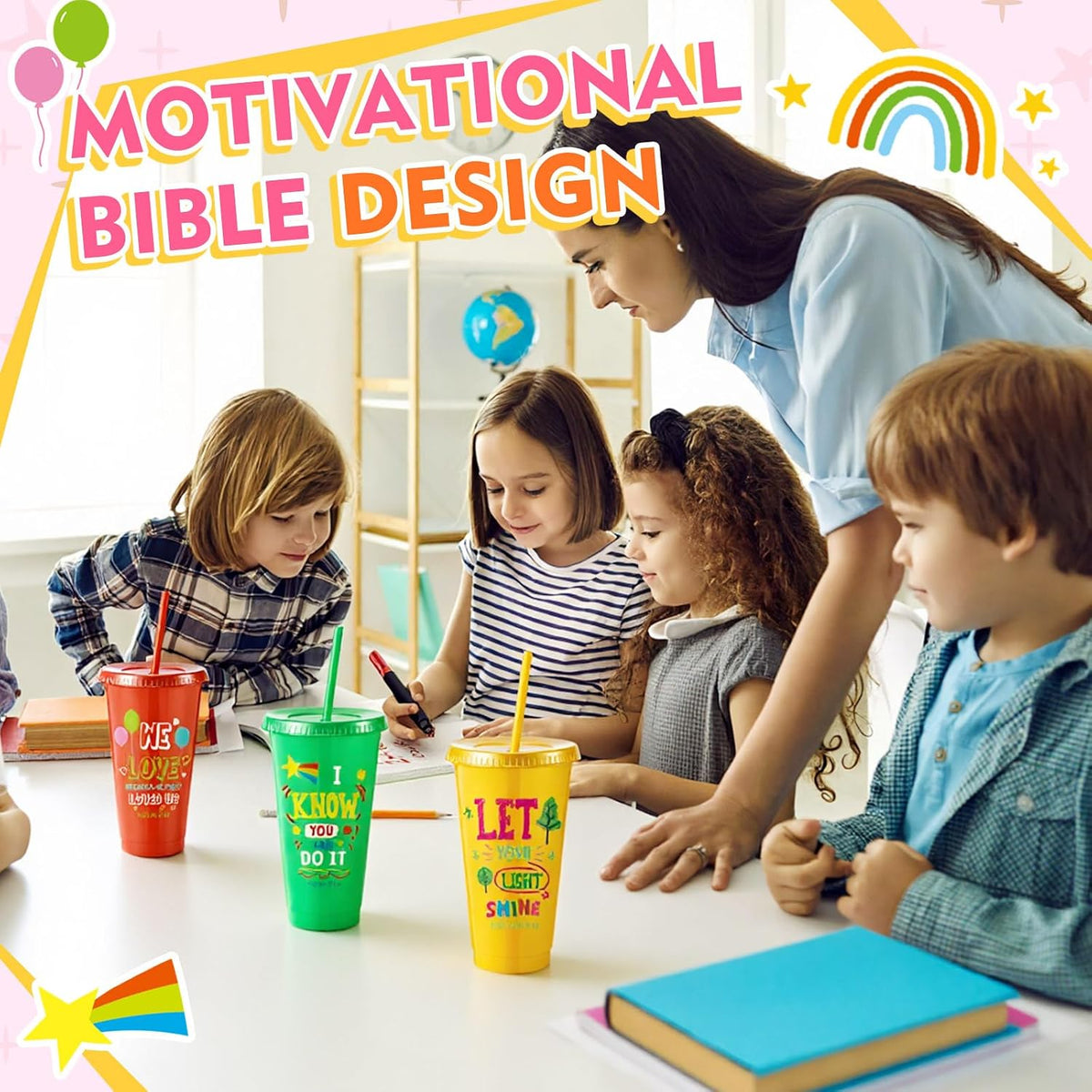 10 Christian Kids Cups with Lids Straws, Back to School, White