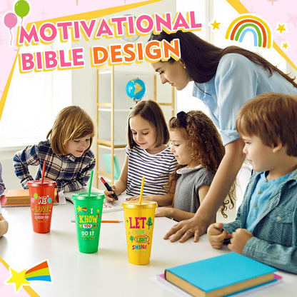 10 Christian Kids Cups with Lids Straws, Back to School, White