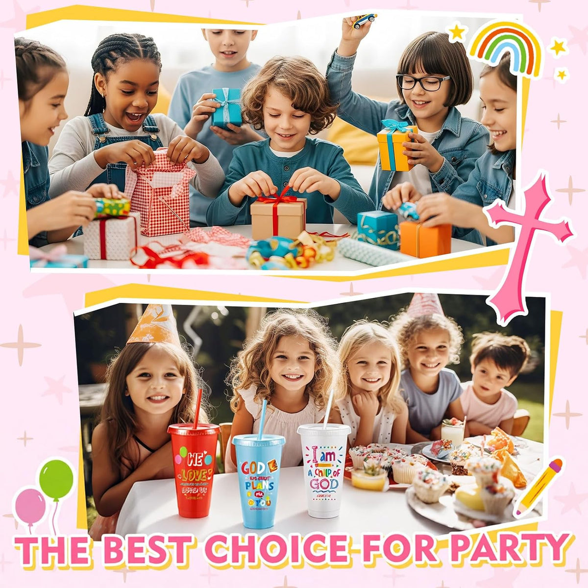 10 Christian Kids Cups with Lids Straws, Back to School, White