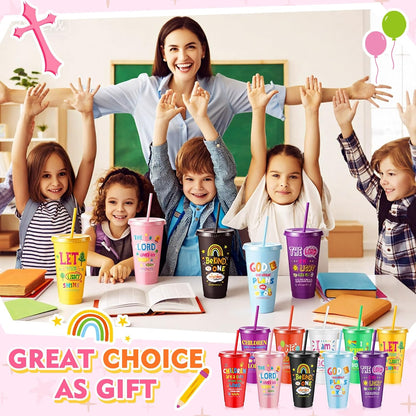 10 Christian Kids Cups with Lids Straws, Back to School, White