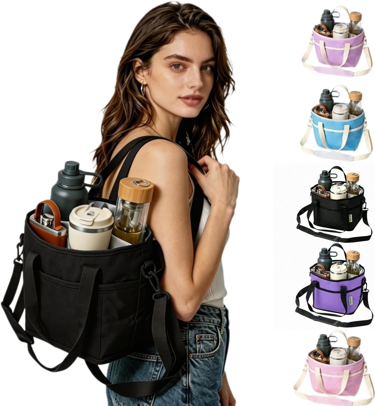 4 Compartment Drink Carrier Bag, Insulated Reusable Tote for 4 Tumblers with Adjustable Strap, Perfect for Car Travel, Camping, Picnic, Family Outings