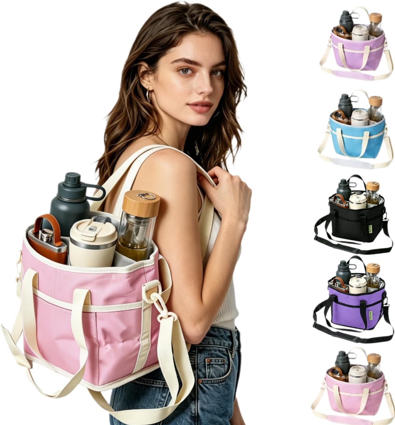 4 Compartment Drink Carrier Bag, Insulated Reusable Tote for 4 Tumblers with Adjustable Strap, Perfect for Car Travel, Camping, Picnic, Family Outings