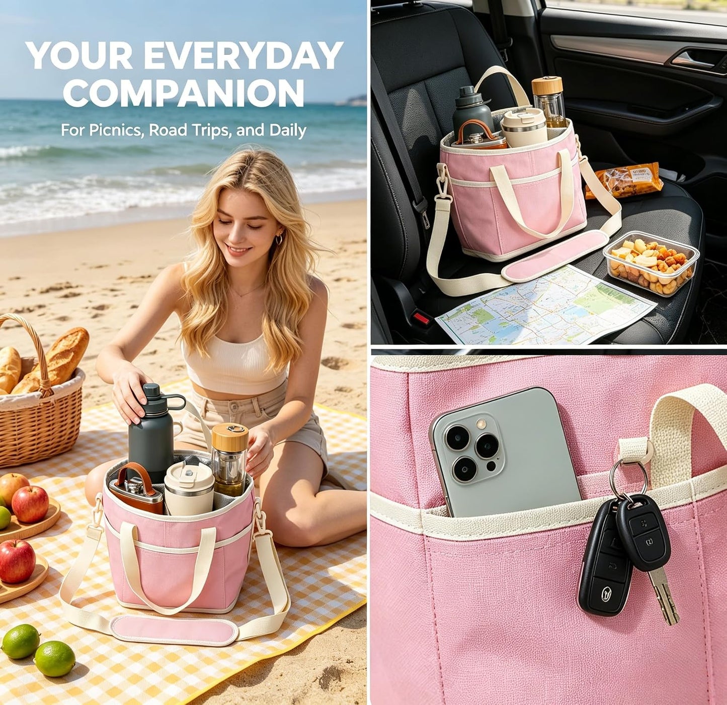 4 Compartment Drink Carrier Bag, Insulated Reusable Tote for 4 Tumblers with Adjustable Strap, Perfect for Car Travel, Camping, Picnic, Family Outings