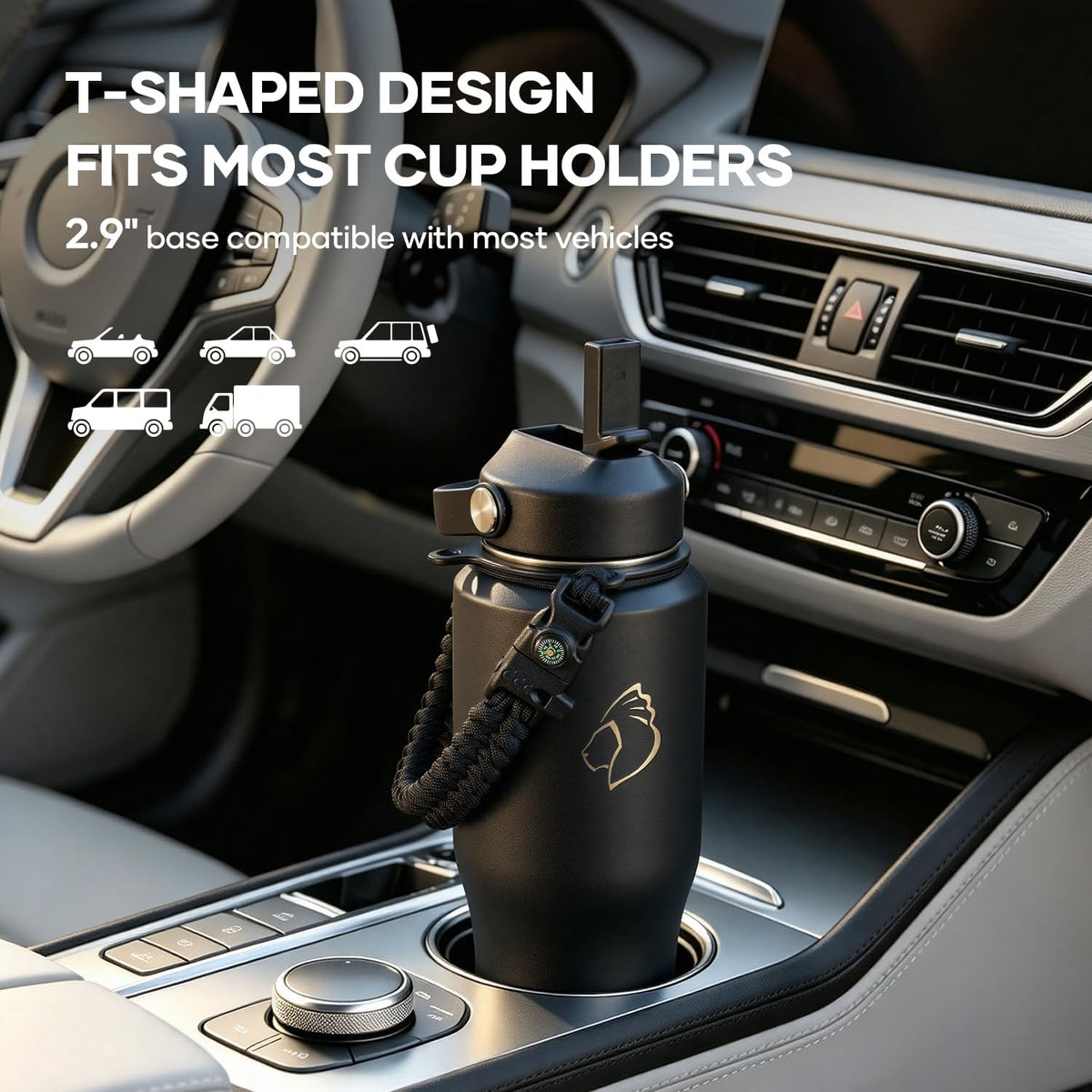 40 oz Insulated Water Bottle Fits in Car Cup Holders, Stainless Steel