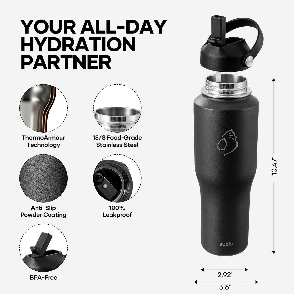 40 oz Insulated Water Bottle Fits in Car Cup Holders, Stainless Steel