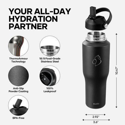 40 oz Insulated Water Bottle Fits in Car Cup Holders, Stainless Steel