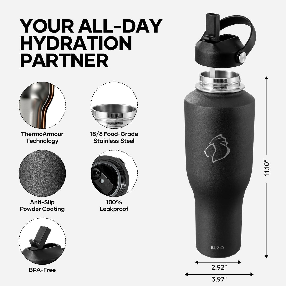 40 oz Insulated Water Bottle Fits in Car Cup Holders, Stainless Steel