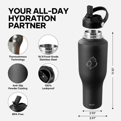 40 oz Insulated Water Bottle Fits in Car Cup Holders, Stainless Steel