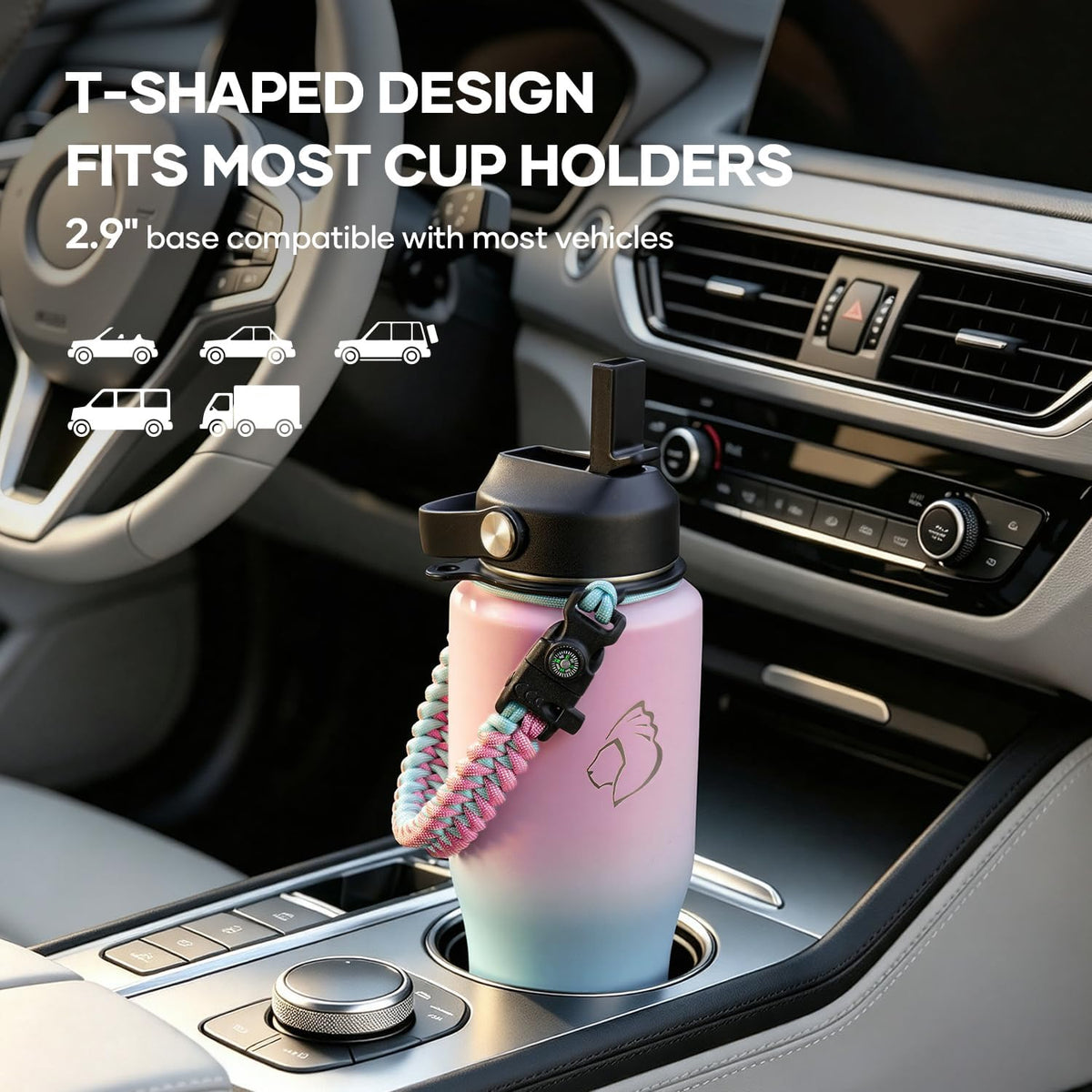 40 oz Insulated Water Bottle Fits in Car Cup Holders, Stainless Steel