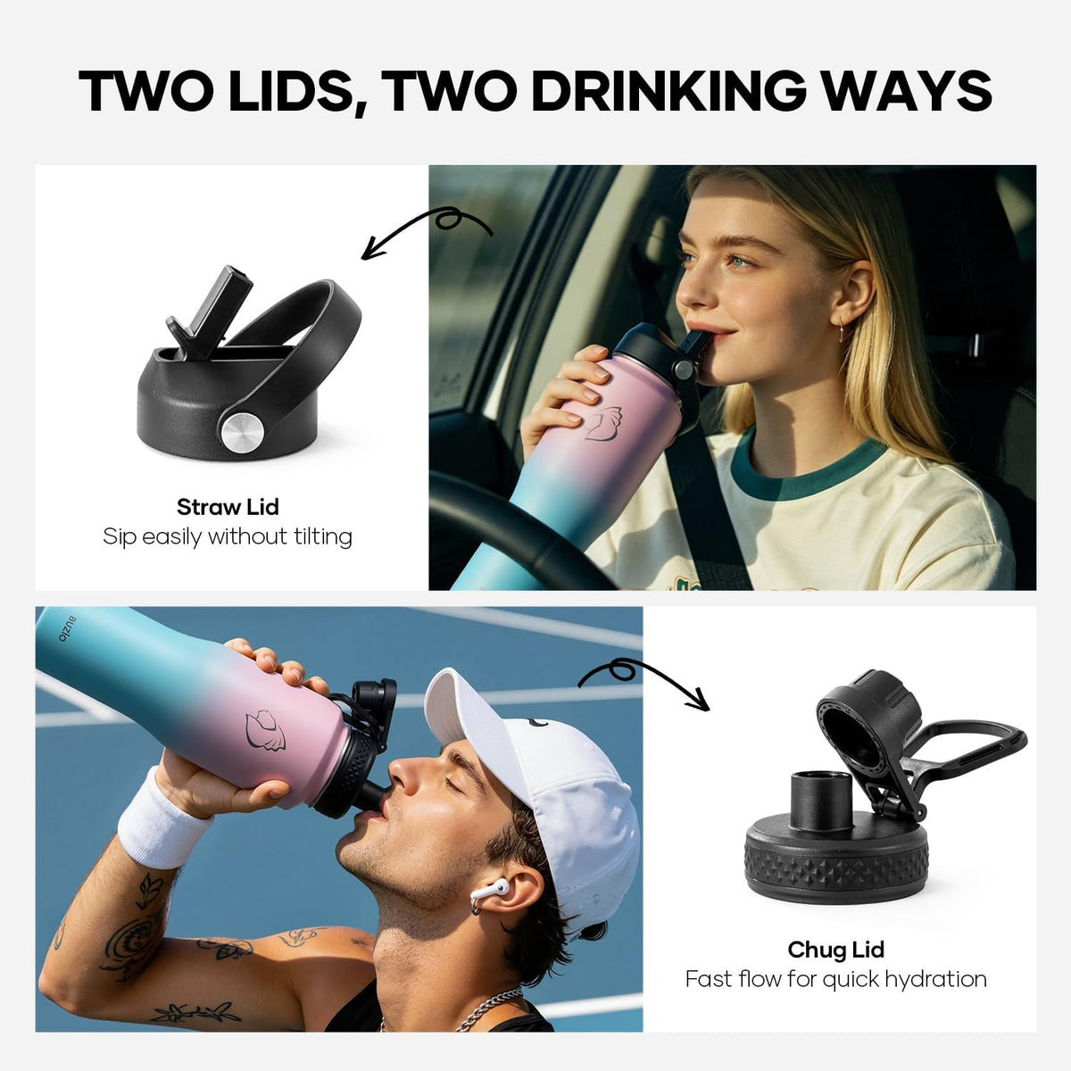 40 oz Insulated Water Bottle Fits in Car Cup Holders, Stainless Steel