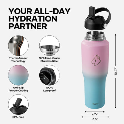 40 oz Insulated Water Bottle Fits in Car Cup Holders, Stainless Steel