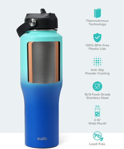 40 oz Insulated Water Bottle Fits in Car Cup Holders, Stainless Steel