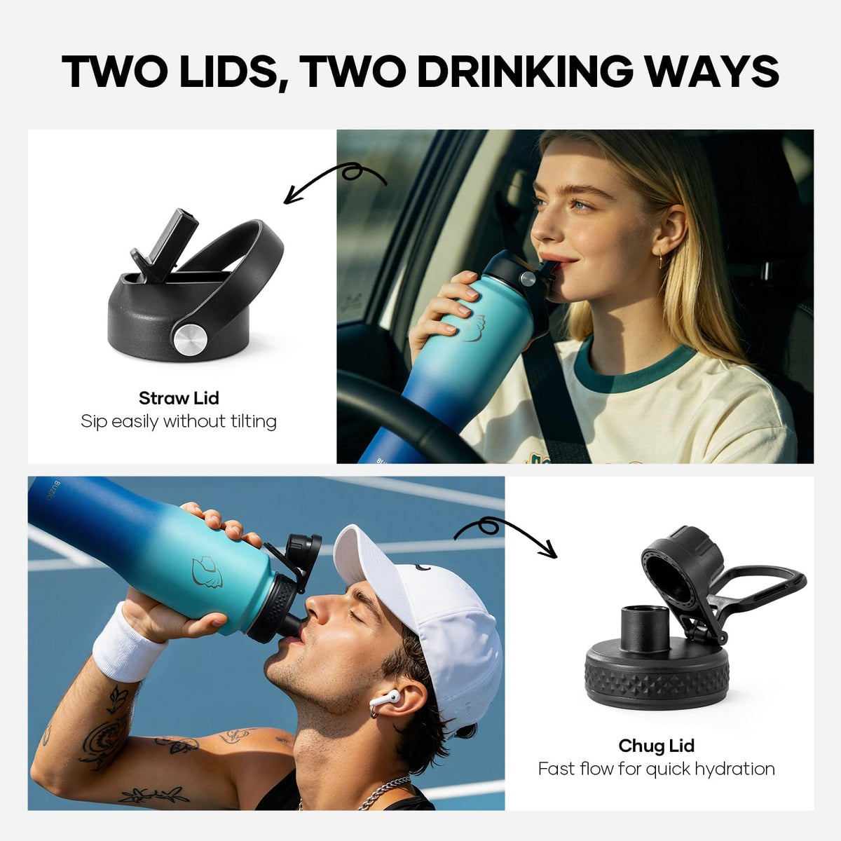 40 oz Insulated Water Bottle Fits in Car Cup Holders, Stainless Steel