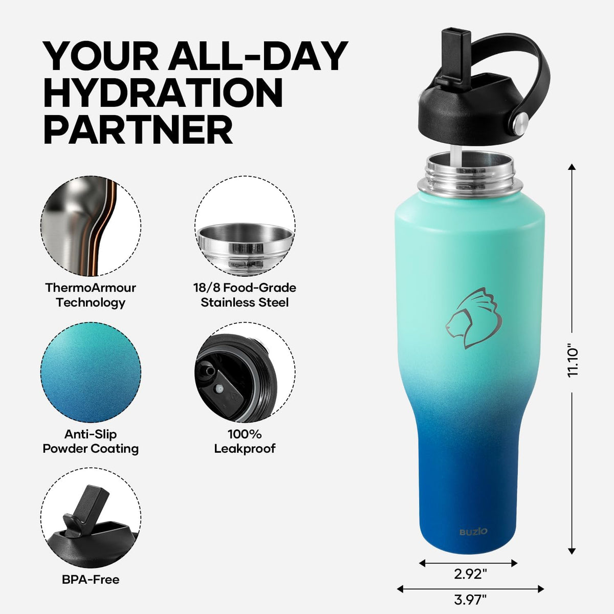 40 oz Insulated Water Bottle Fits in Car Cup Holders, Stainless Steel