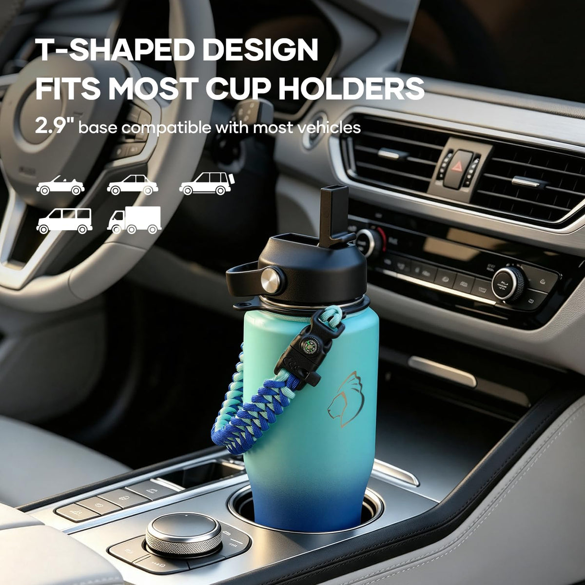 40 oz Insulated Water Bottle Fits in Car Cup Holders, Stainless Steel
