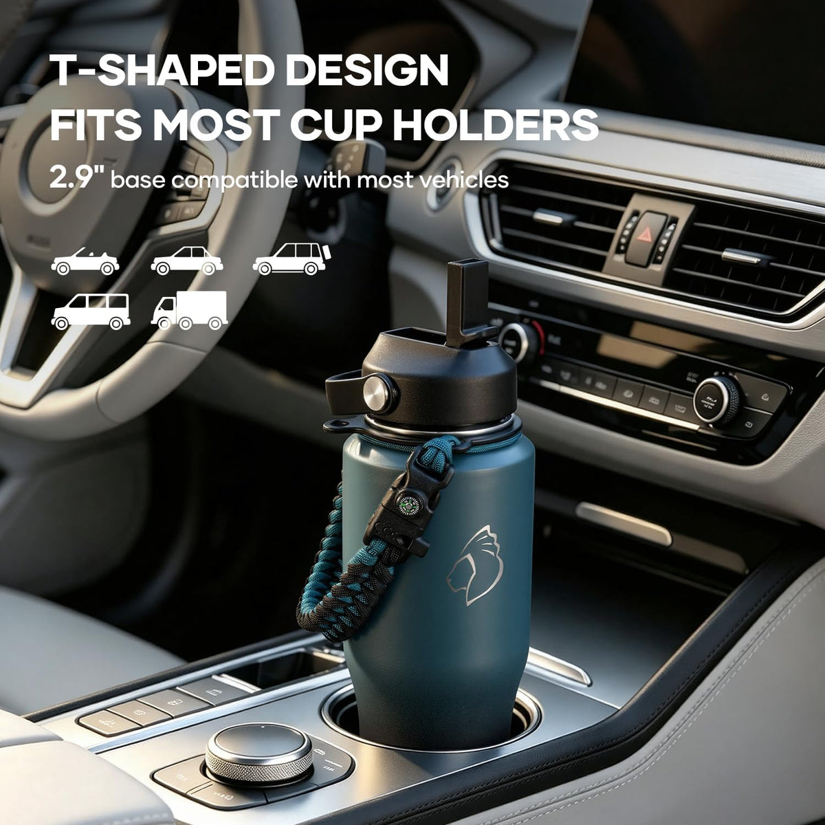 40 oz Insulated Water Bottle Fits in Car Cup Holders, Stainless Steel