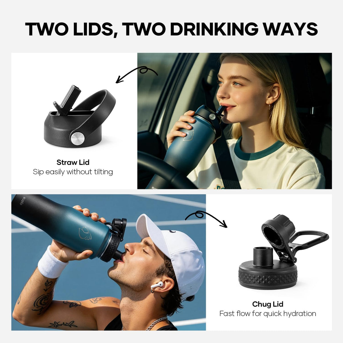 40 oz Insulated Water Bottle Fits in Car Cup Holders, Stainless Steel
