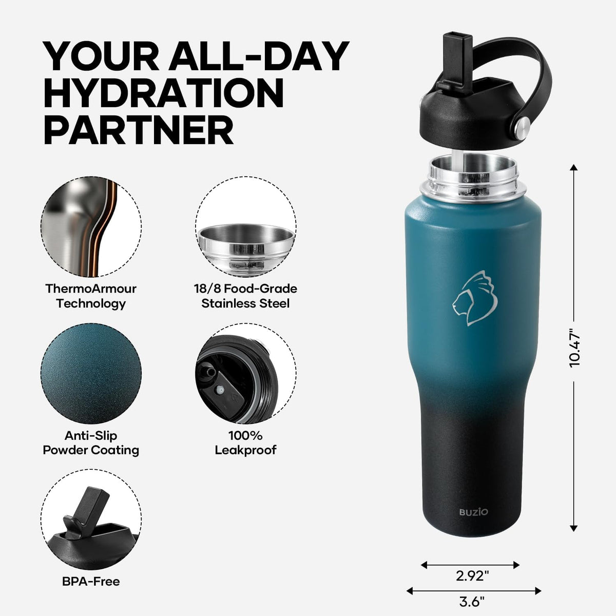 40 oz Insulated Water Bottle Fits in Car Cup Holders, Stainless Steel