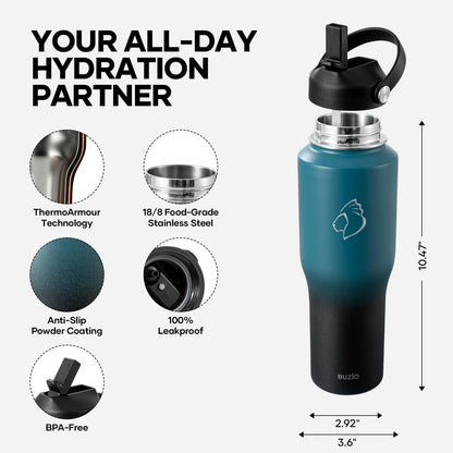 40 oz Insulated Water Bottle Fits in Car Cup Holders, Stainless Steel