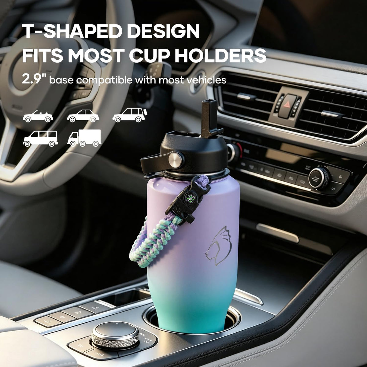 40 oz Insulated Water Bottle Fits in Car Cup Holders, Stainless Steel