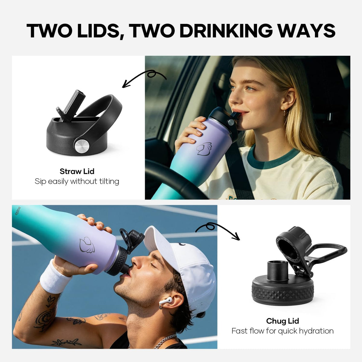 40 oz Insulated Water Bottle Fits in Car Cup Holders, Stainless Steel