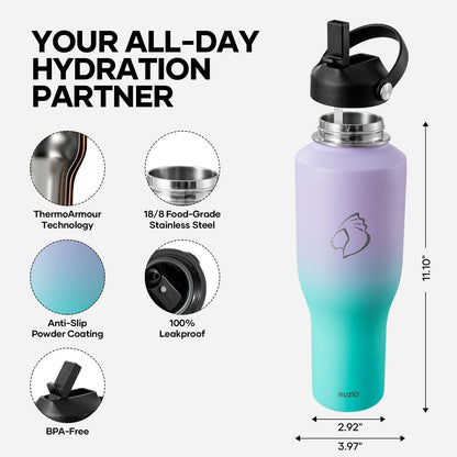 40 oz Insulated Water Bottle Fits in Car Cup Holders, Stainless Steel