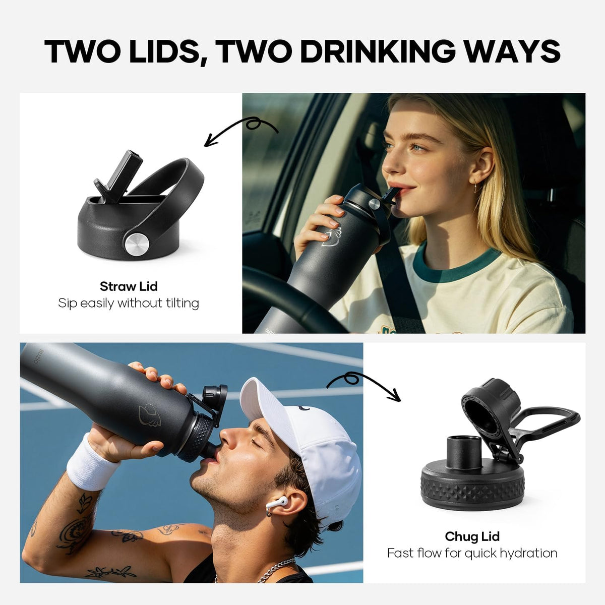 40 oz Insulated Water Bottle Fits in Car Cup Holders, Stainless Steel