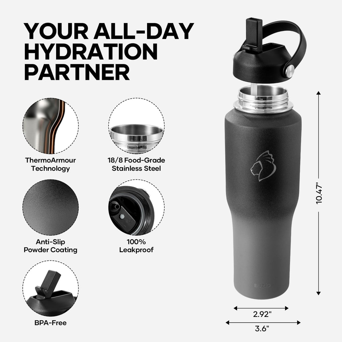 40 oz Insulated Water Bottle Fits in Car Cup Holders, Stainless Steel