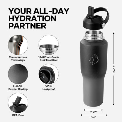 40 oz Insulated Water Bottle Fits in Car Cup Holders, Stainless Steel