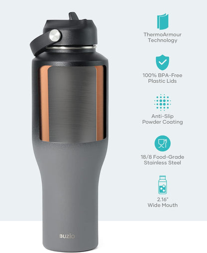 40 oz Insulated Water Bottle Fits in Car Cup Holders, Stainless Steel