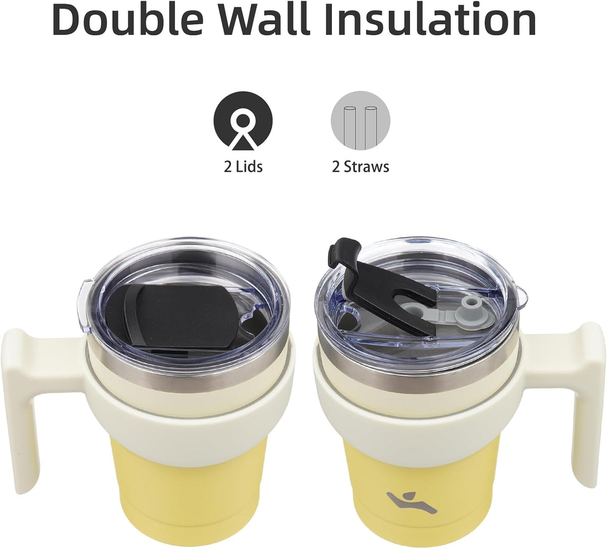 20 oz Tumbler with Handle and Straw, Insulated Travel Mug | Lemon; BPA-free, leak-proof tumbler with 2 lids, 2 straws, cup holder fit for coffee, office, travel & daily use