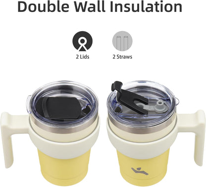 20 oz Tumbler with Handle and Straw, Insulated Travel Mug | Lemon; BPA-free, leak-proof tumbler with 2 lids, 2 straws, cup holder fit for coffee, office, travel & daily use