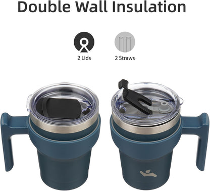 20 oz Tumbler with Handle and Straw, Insulated Travel Mug | Lemon; BPA-free, leak-proof tumbler with 2 lids, 2 straws, cup holder fit for coffee, office, travel & daily use