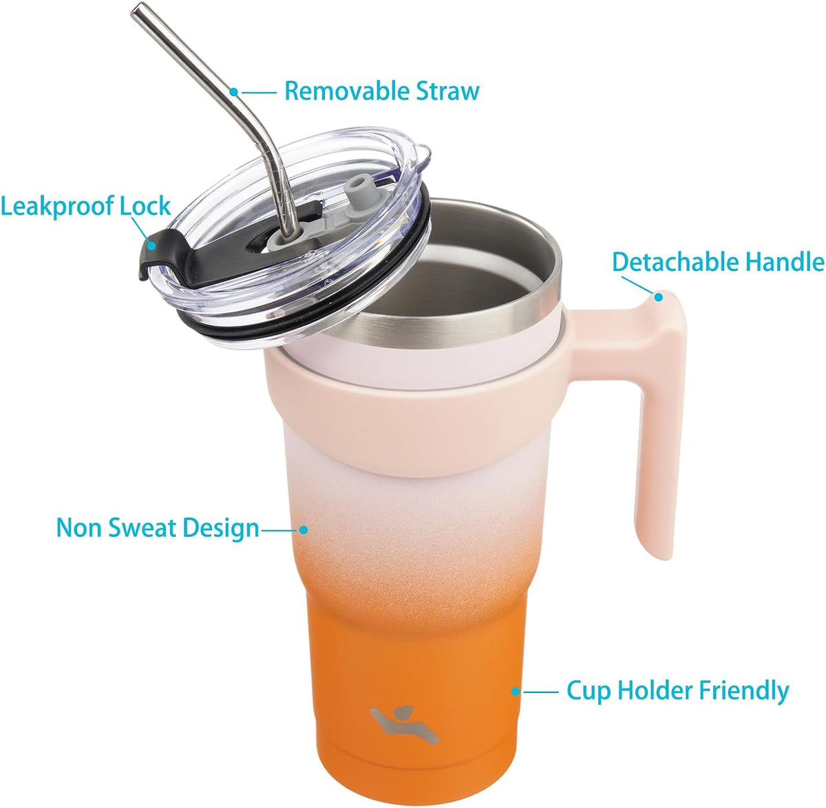 20 oz Tumbler with Handle and Straw, Insulated Travel Mug | Lemon; BPA-free, leak-proof tumbler with 2 lids, 2 straws, cup holder fit for coffee, office, travel & daily use