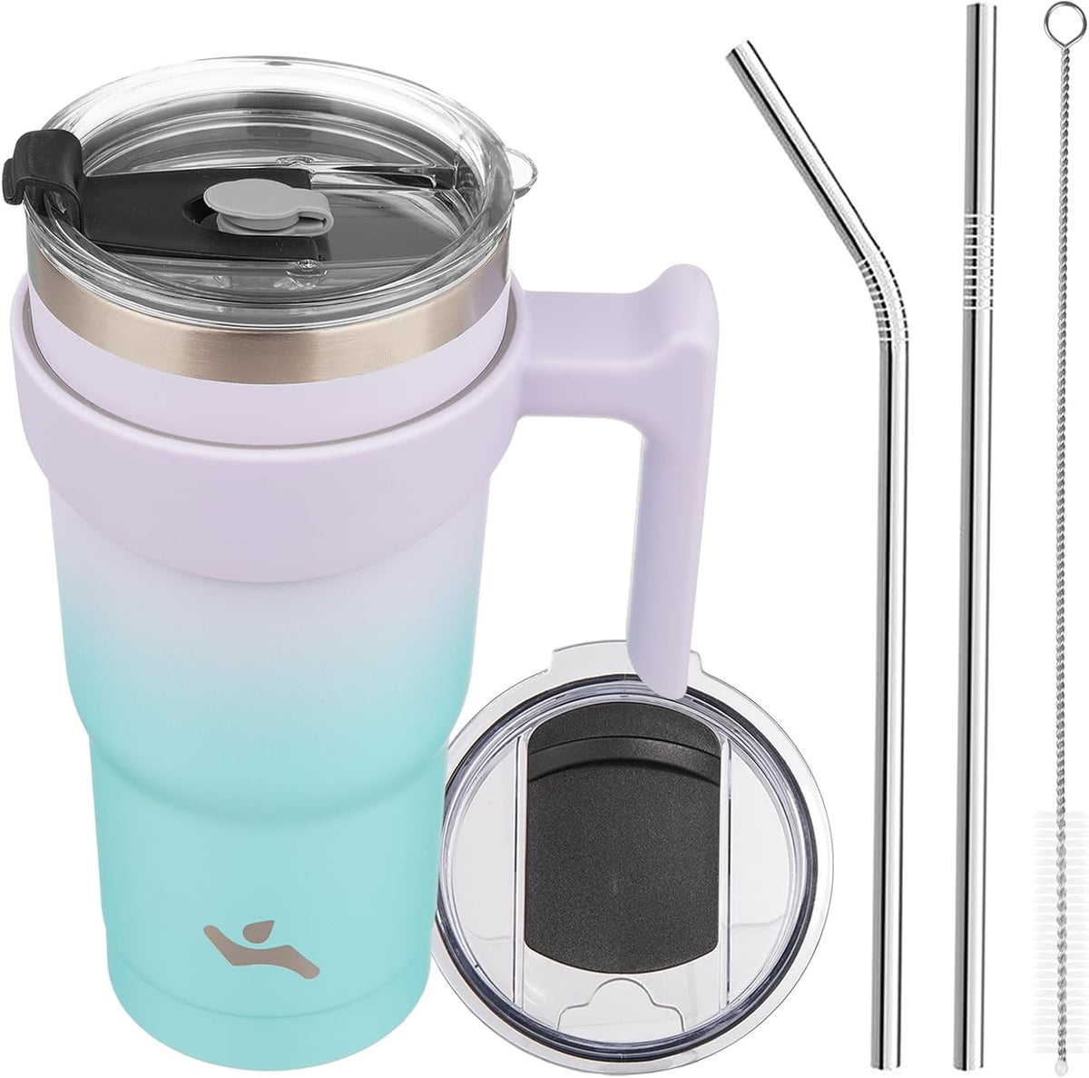 20 oz Tumbler with Handle and Straw, Insulated Travel Mug | Lemon; BPA-free, leak-proof tumbler with 2 lids, 2 straws, cup holder fit for coffee, office, travel & daily use