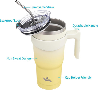 20 oz Tumbler with Handle and Straw, Insulated Travel Mug | Lemon; BPA-free, leak-proof tumbler with 2 lids, 2 straws, cup holder fit for coffee, office, travel & daily use