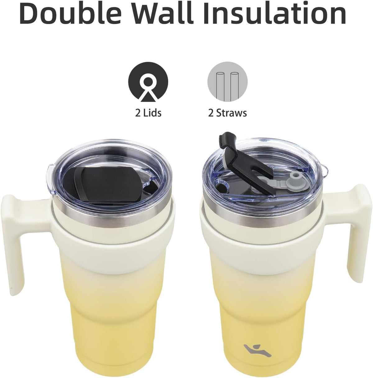 20 oz Tumbler with Handle and Straw, Insulated Travel Mug | Lemon; BPA-free, leak-proof tumbler with 2 lids, 2 straws, cup holder fit for coffee, office, travel & daily use