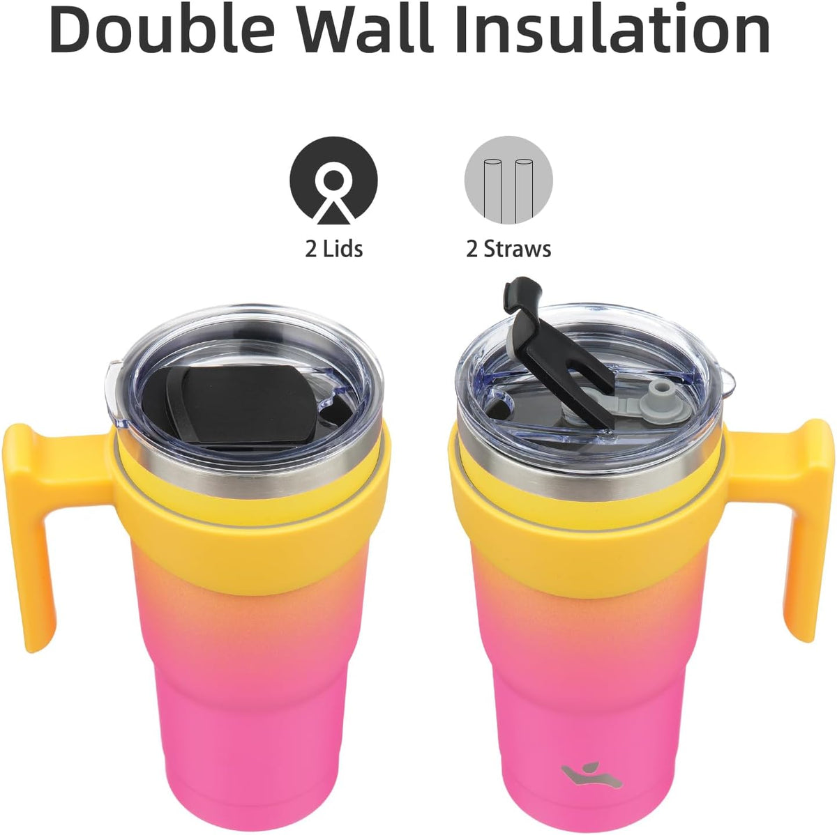 20 oz Tumbler with Handle and Straw, Insulated Travel Mug | Lemon; BPA-free, leak-proof tumbler with 2 lids, 2 straws, cup holder fit for coffee, office, travel & daily use