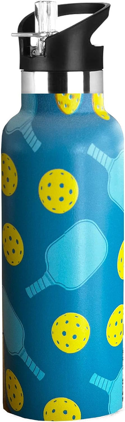Pickleball Sport Water Bottle with Straw, Vacuum Insulated Stainless Steel Thermal Drinking Travel Mug Cups For Gym Fitness Camping-20oz/600ml