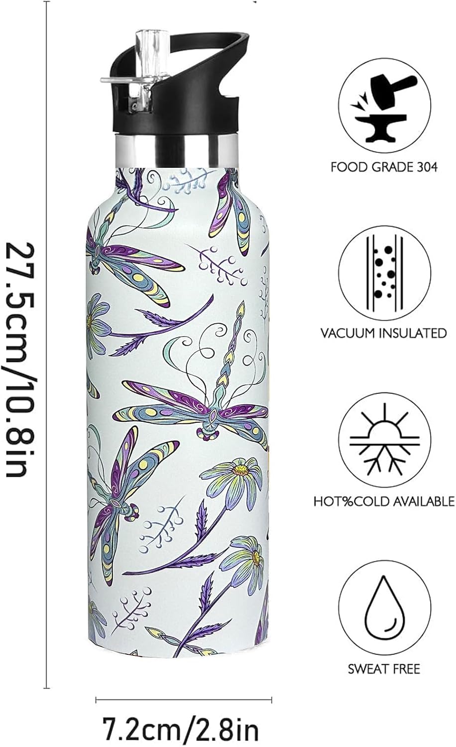 Pickleball Sport Water Bottle with Straw, Vacuum Insulated Stainless Steel Thermal Drinking Travel Mug Cups For Gym Fitness Camping-20oz/600ml